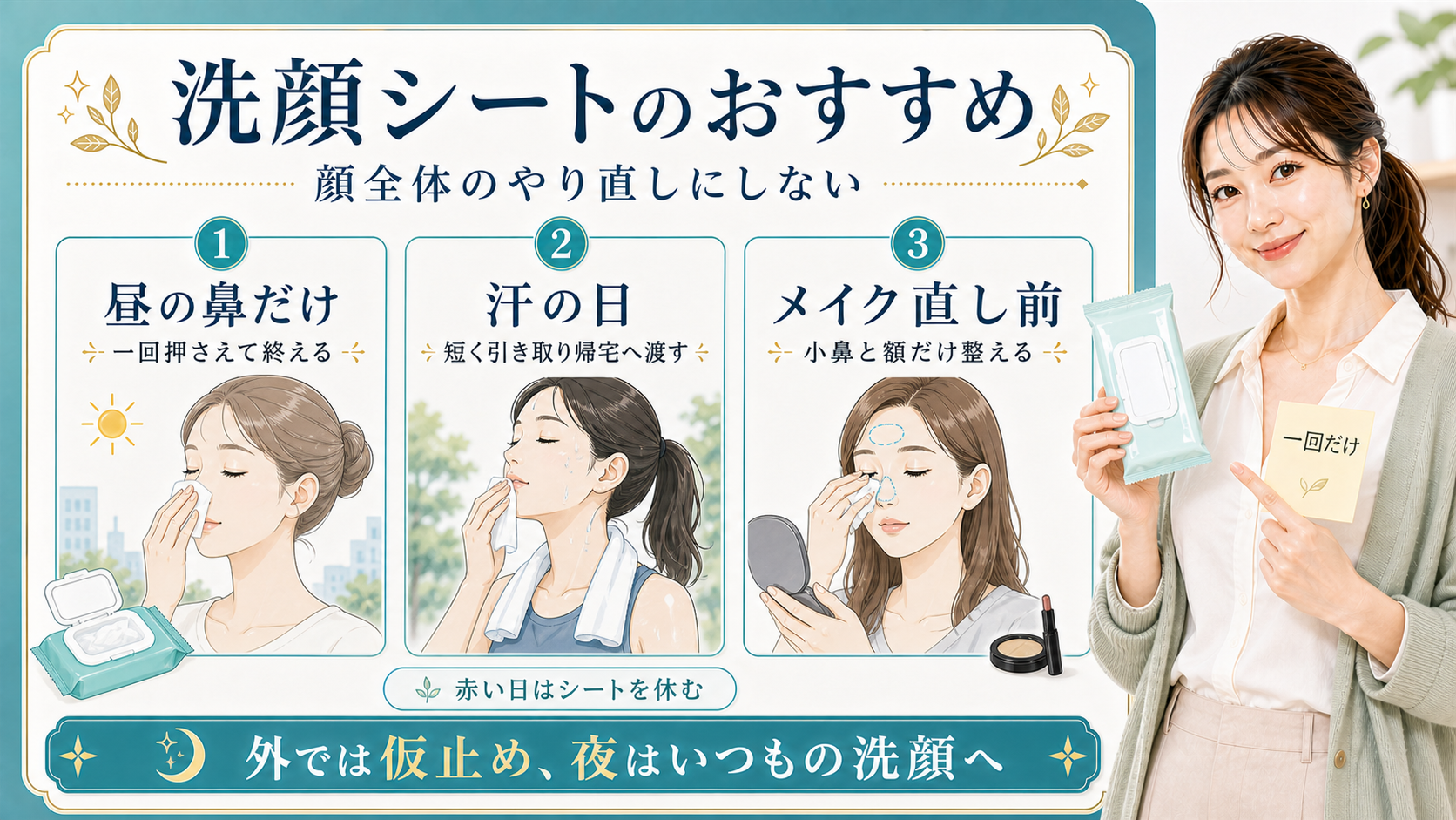洗顔シートは顔全体のやり直しではなく昼の鼻や汗の日やメイク直し前の仮止めとして使うことを示すアイキャッチ