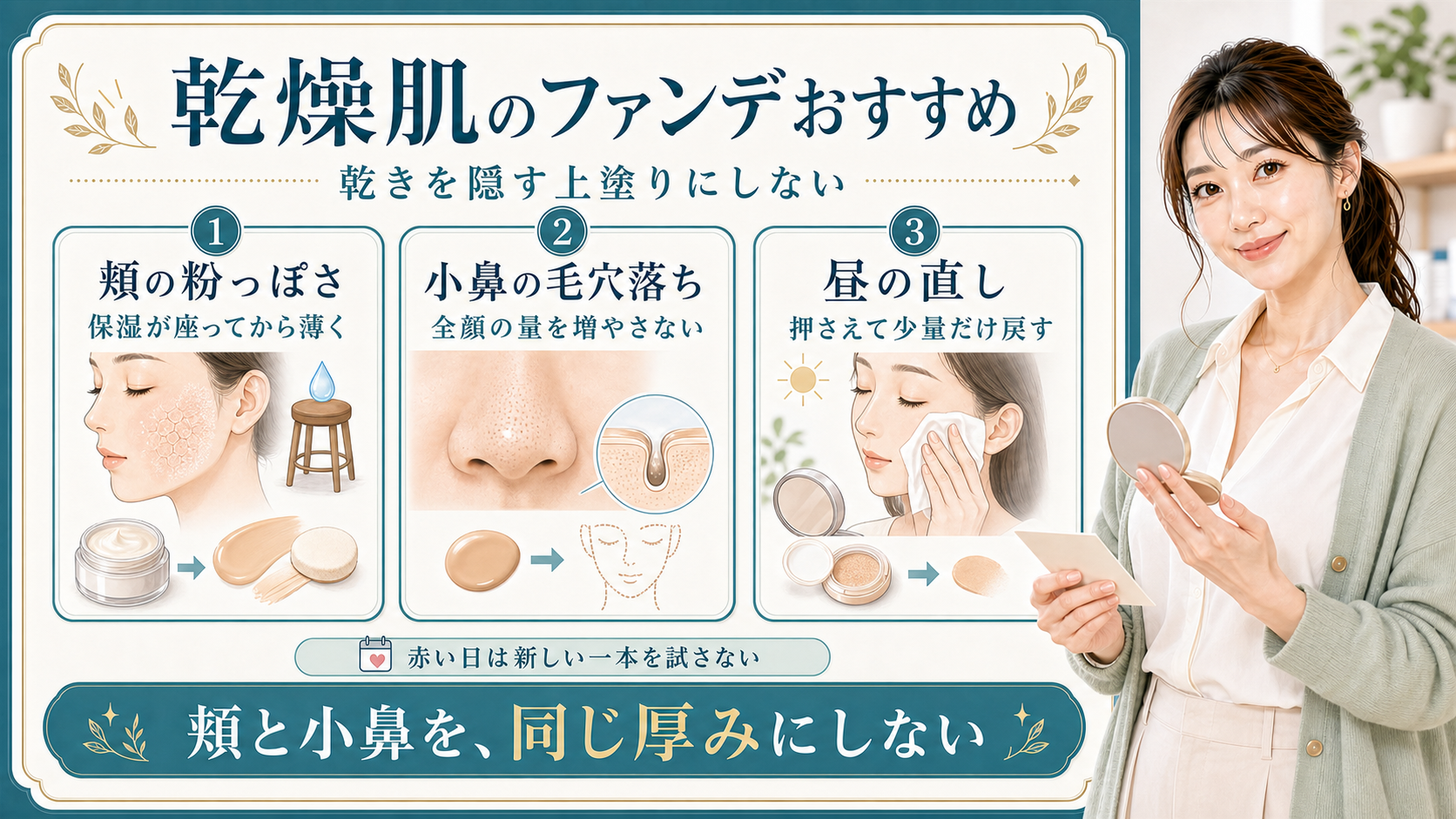乾燥肌のファンデは頬の粉っぽさと小鼻の毛穴落ちと昼の直しを同じ厚みにしないことを示すアイキャッチ