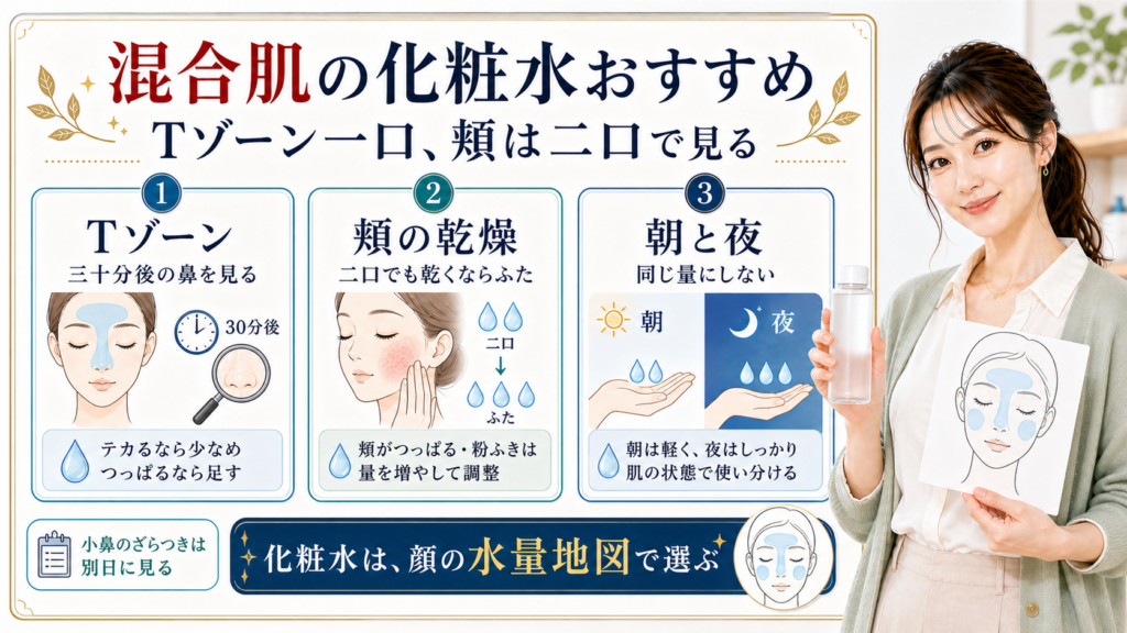 混合肌の化粧水はTゾーンと頬と朝夜で量を分けて顔の水量地図として選ぶことを示すアイキャッチ