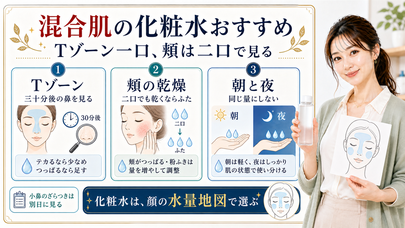 混合肌の化粧水はTゾーンと頬と朝夜で量を分けて顔の水量地図として選ぶことを示すアイキャッチ