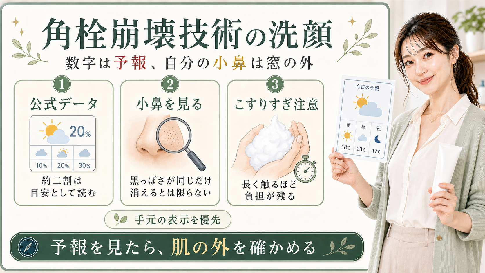 角栓崩壊技術の洗顔は公式データを予報として読み小鼻とこすりすぎと手元表示を見ることを示すアイキャッチ