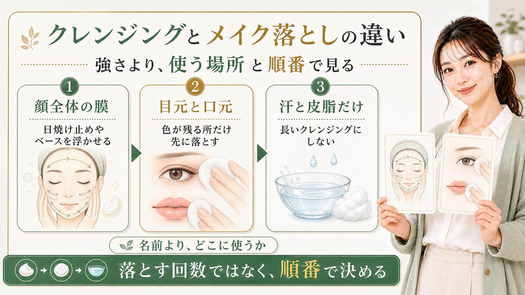 クレンジングとメイク落としの違いは強さではなく顔全体と目元口元と汗皮脂だけの夜を順番で分けることを示すアイキャッチ