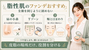 脂性肌のファンデは全顔を固めず昼の小鼻とTゾーンと頬口まわりで役割を分けることを示すアイキャッチ