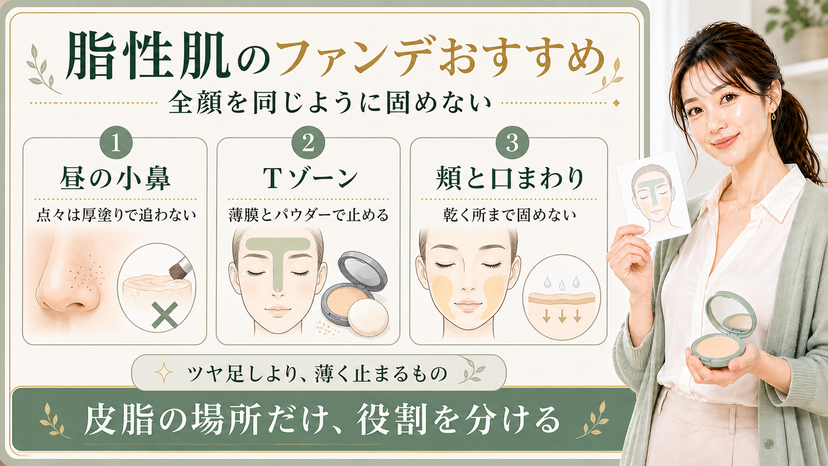脂性肌のファンデは全顔を固めず昼の小鼻とTゾーンと頬口まわりで役割を分けることを示すアイキャッチ