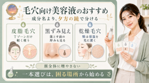 毛穴向け美容液は成分名より夕方の鏡で皮脂毛穴と黒ずみ見えと乾燥毛穴を分けて選ぶことを示すアイキャッチ