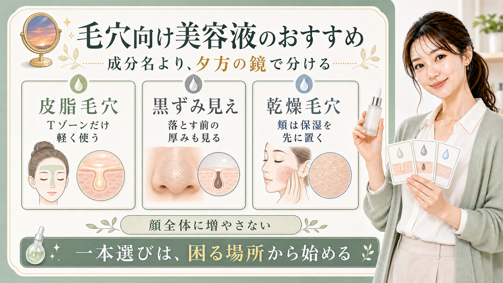 毛穴向け美容液は成分名より夕方の鏡で皮脂毛穴と黒ずみ見えと乾燥毛穴を分けて選ぶことを示すアイキャッチ