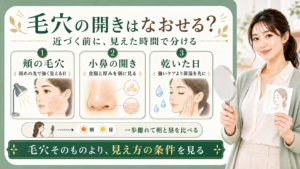毛穴の開きはなおると決めつけず頬と小鼻と乾いた日の見え方の条件を見ることを示すアイキャッチ
