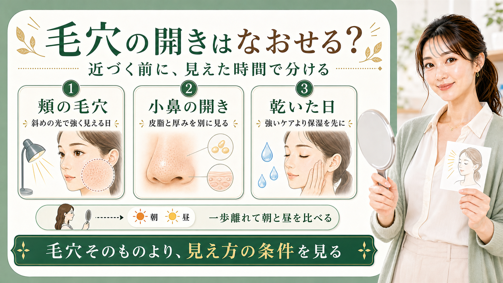 毛穴の開きはなおると決めつけず頬と小鼻と乾いた日の見え方の条件を見ることを示すアイキャッチ