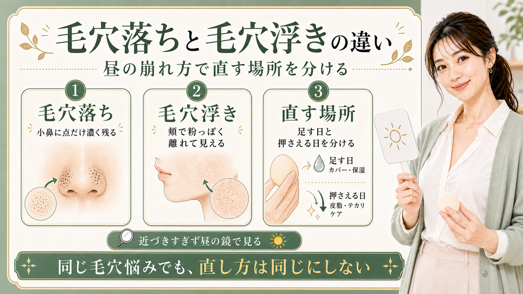 毛穴落ちと毛穴浮きは昼の崩れ方で小鼻に濃く残る日と頬で粉っぽく浮く日を分けて直すことを示すアイキャッチ