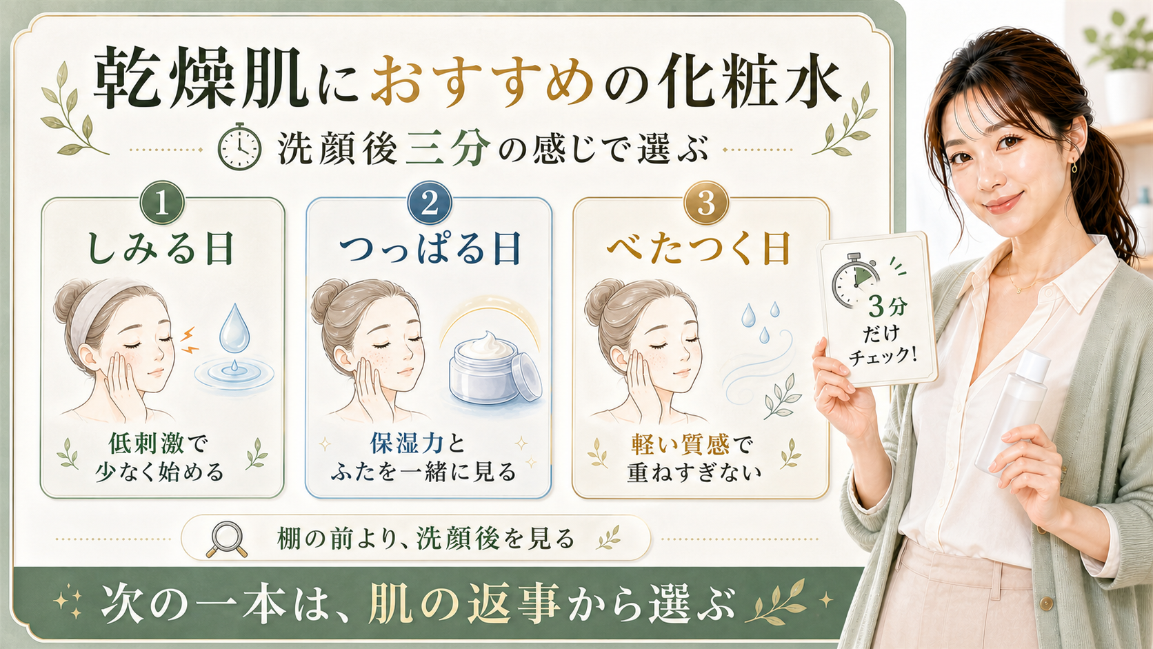 乾燥肌におすすめの化粧水は洗顔後三分のしみる日つっぱる日べたつく日で選ぶことを示すアイキャッチ