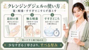 クレンジングジェルは量と触る順番とすすぎどころでこすらず落とすことを示すアイキャッチ