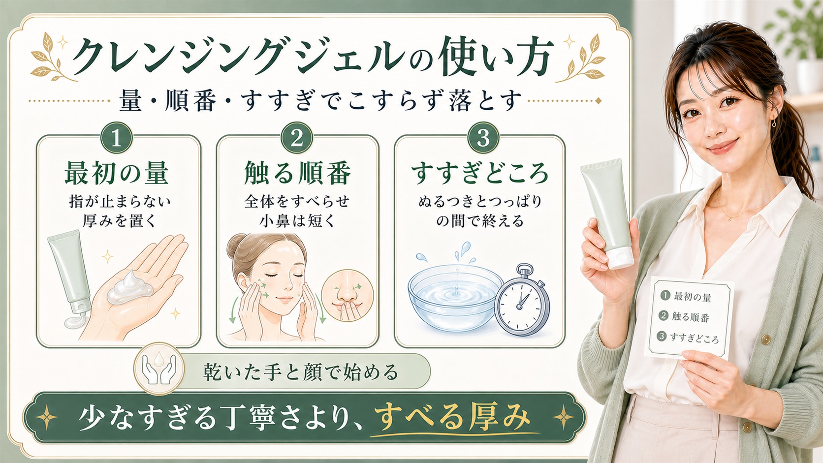 クレンジングジェルは量と触る順番とすすぎどころでこすらず落とすことを示すアイキャッチ