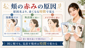 頬の赤みの原因は洗顔後だけ外出後に赤いメイク中に赤いという時間で分けて見ることを示すアイキャッチ