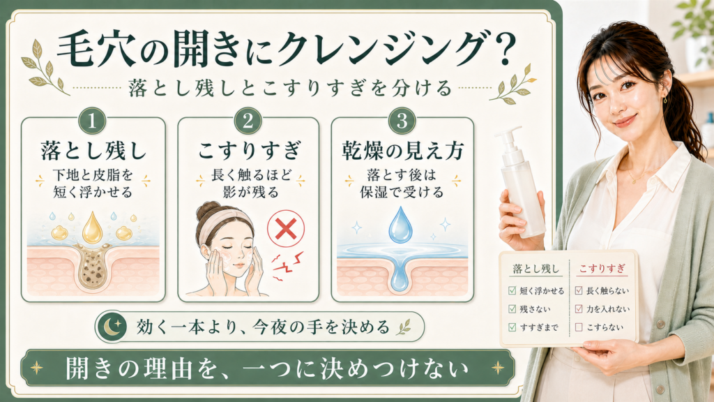 毛穴の開きにクレンジングを考える時は落とし残しとこすりすぎと乾燥の見え方を分けることを示すアイキャッチ