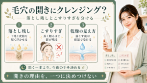 毛穴の開きにクレンジングを考える時は落とし残しとこすりすぎと乾燥の見え方を分けることを示すアイキャッチ