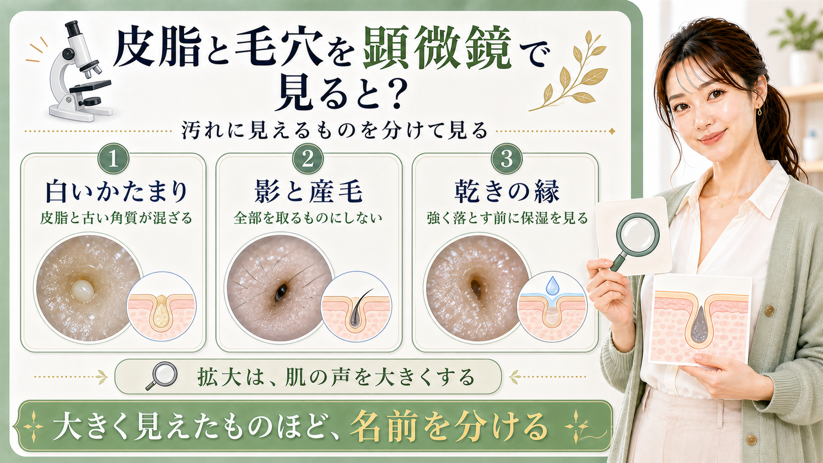 皮脂と毛穴を顕微鏡で見た時に汚れに見えるものを白いかたまり影と産毛乾きの縁に分けることを示すアイキャッチ