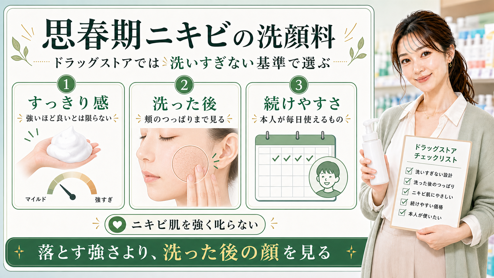 思春期ニキビの洗顔料はドラッグストアで洗いすぎない基準と洗った後の顔と続けやすさで選ぶことを示すアイキャッチ