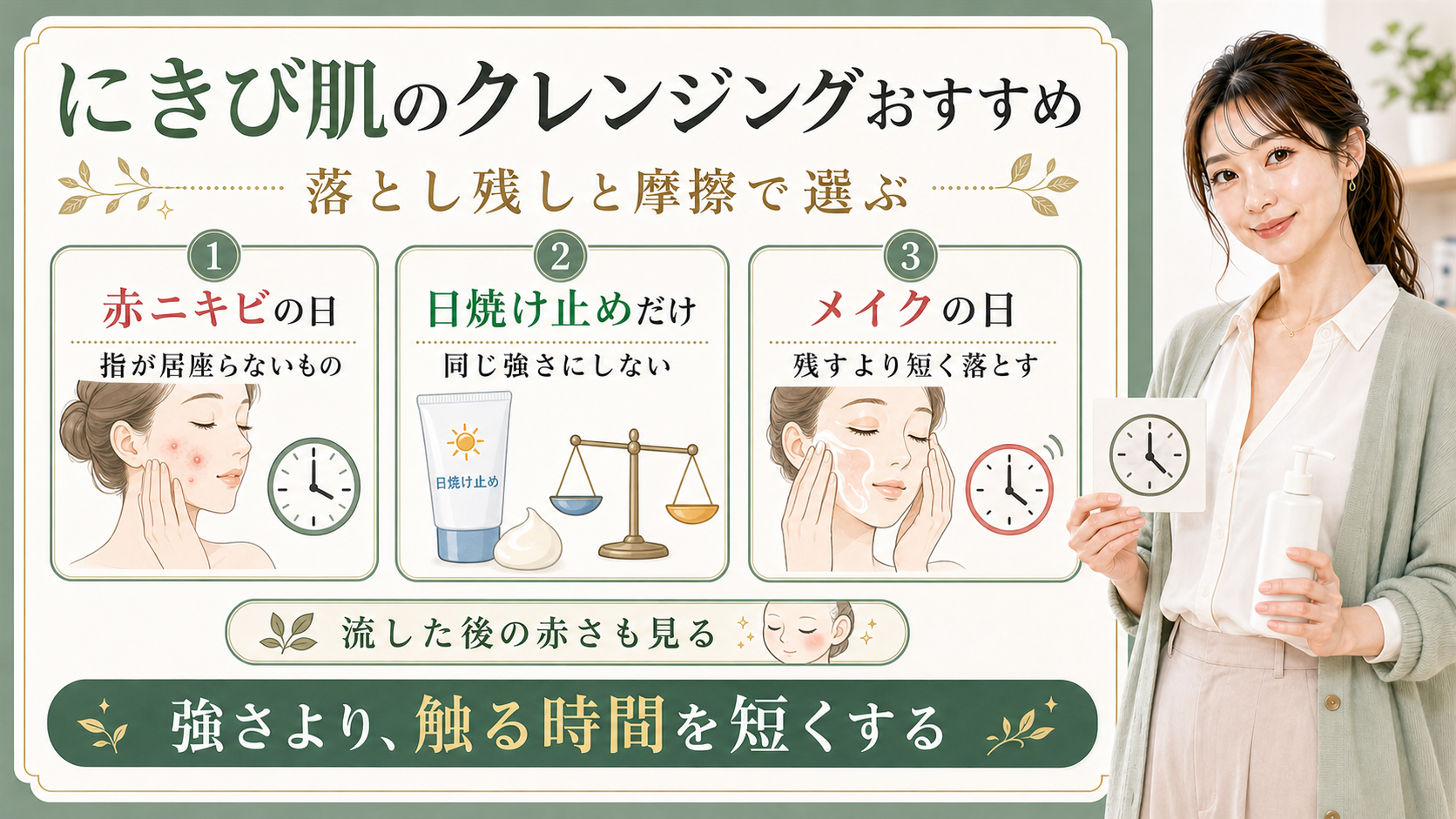 にきび肌のクレンジングは赤ニキビの日と日焼け止めだけの日とメイクの日で触る時間を短くすることを示すアイキャッチ