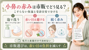 小鼻の赤みは市販スキンケアを泡洗顔と赤い日に避けるものと続く赤みの受診目安で分けることを示すアイキャッチ