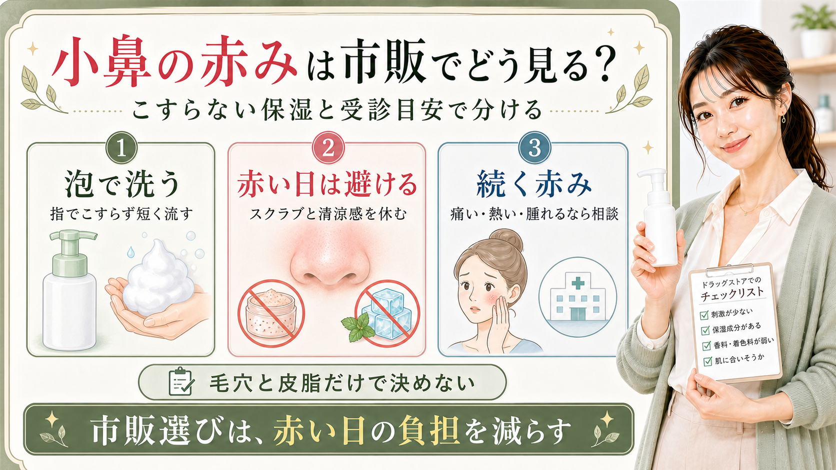 小鼻の赤みは市販スキンケアを泡洗顔と赤い日に避けるものと続く赤みの受診目安で分けることを示すアイキャッチ