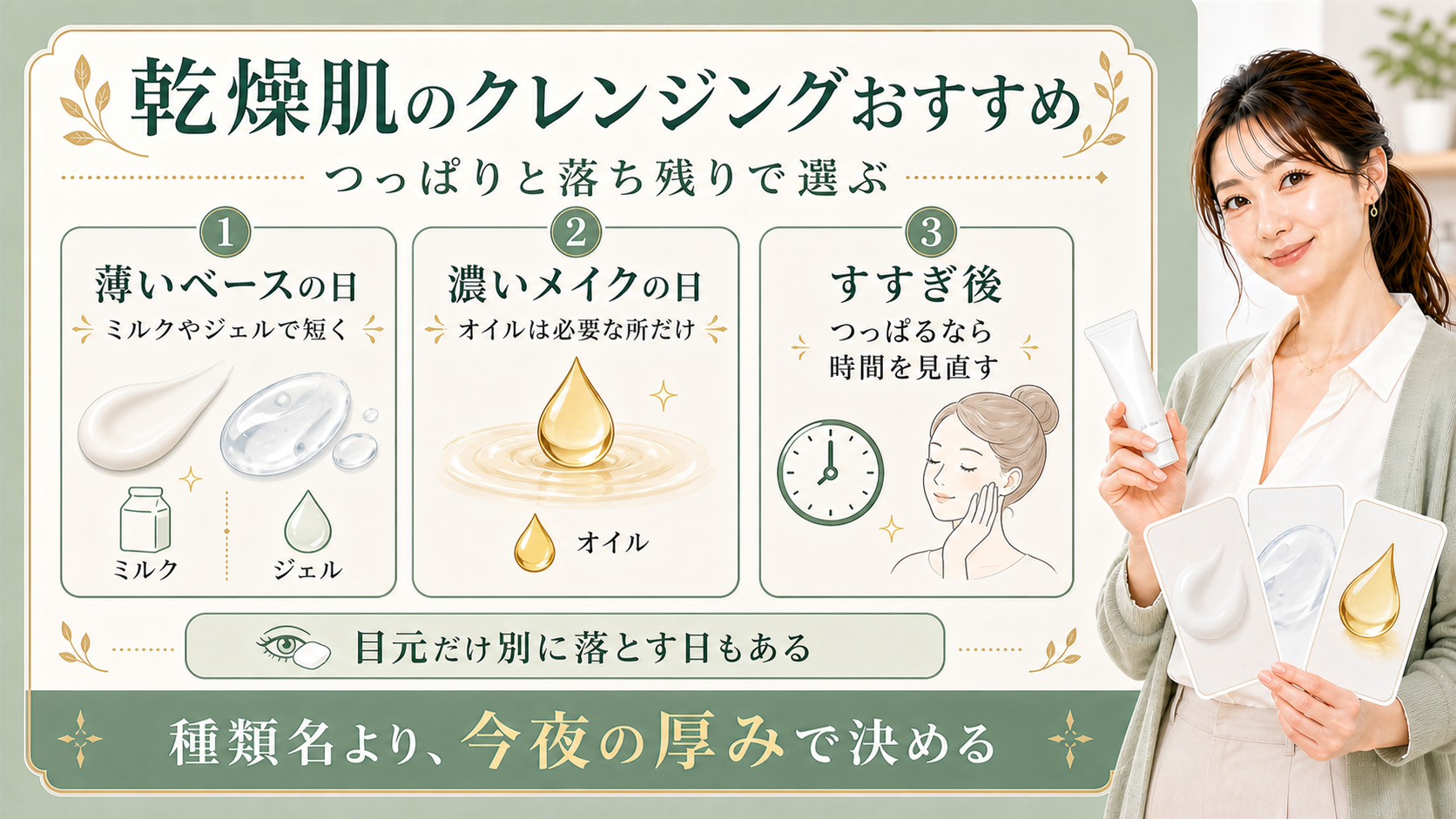 乾燥肌のクレンジングは薄いベースの日と濃いメイクの日とすすぎ後のつっぱりで選ぶことを示すアイキャッチ