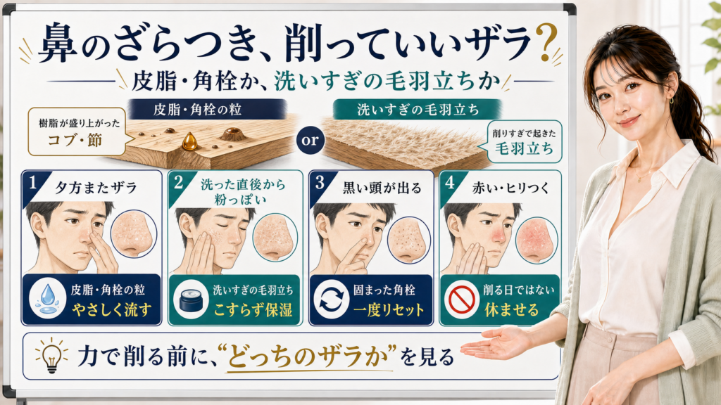 鼻のざらつきを皮脂角栓の粒と洗いすぎの毛羽立ちで見分けるアイキャッチ