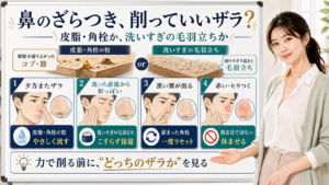 鼻のざらつきを皮脂角栓の粒と洗いすぎの毛羽立ちで見分けるアイキャッチ