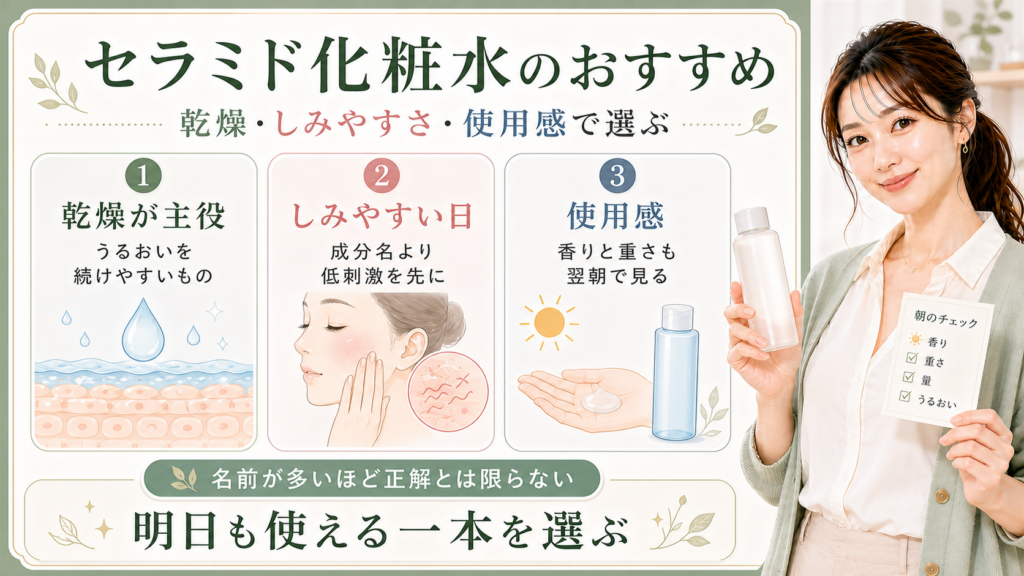 セラミド化粧水は乾燥としみやすさと使用感で明日も使える一本を選ぶことを示すアイキャッチ