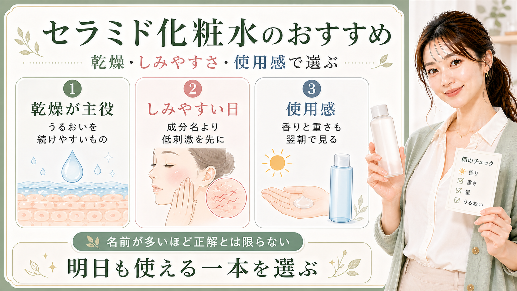 セラミド化粧水は乾燥としみやすさと使用感で明日も使える一本を選ぶことを示すアイキャッチ