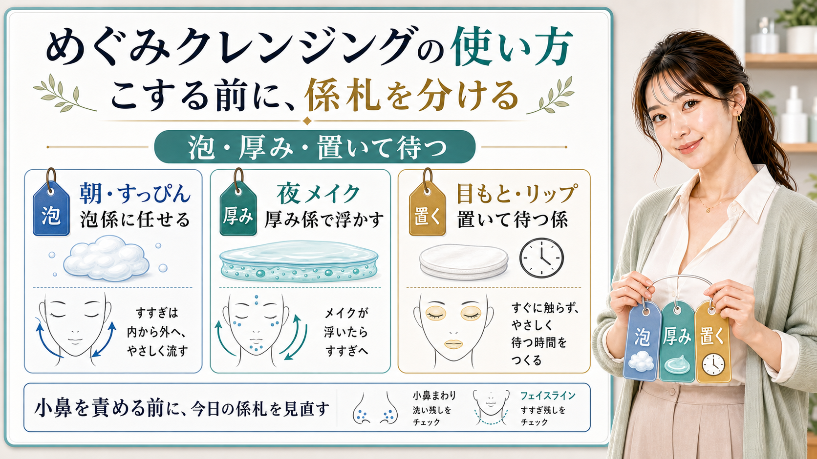 めぐみクレンジングの使い方は朝すっぴんは泡係夜メイクは厚み係目もとリップは置いて待つ係に分ける