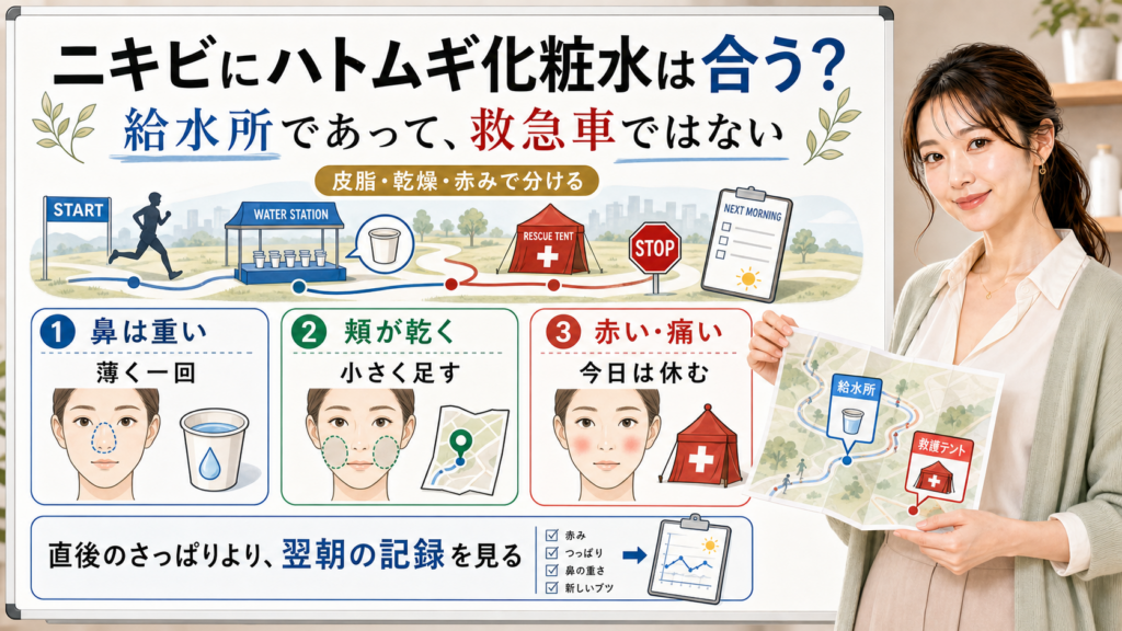 ニキビにハトムギ化粧水は給水所として皮脂乾燥赤みで分け赤い痛い日は休む