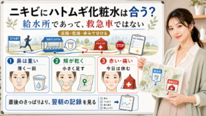 ニキビにハトムギ化粧水は給水所として皮脂乾燥赤みで分け赤い痛い日は休む