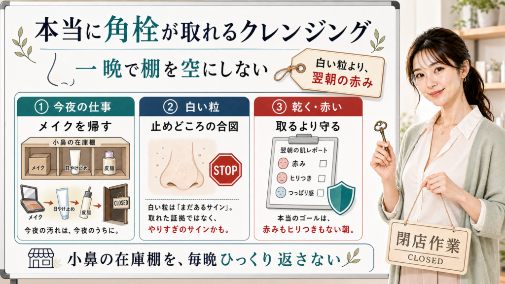 本当に角栓が取れるクレンジングは白い粒より翌朝の赤みを見て小鼻の在庫棚を毎晩ひっくり返さない