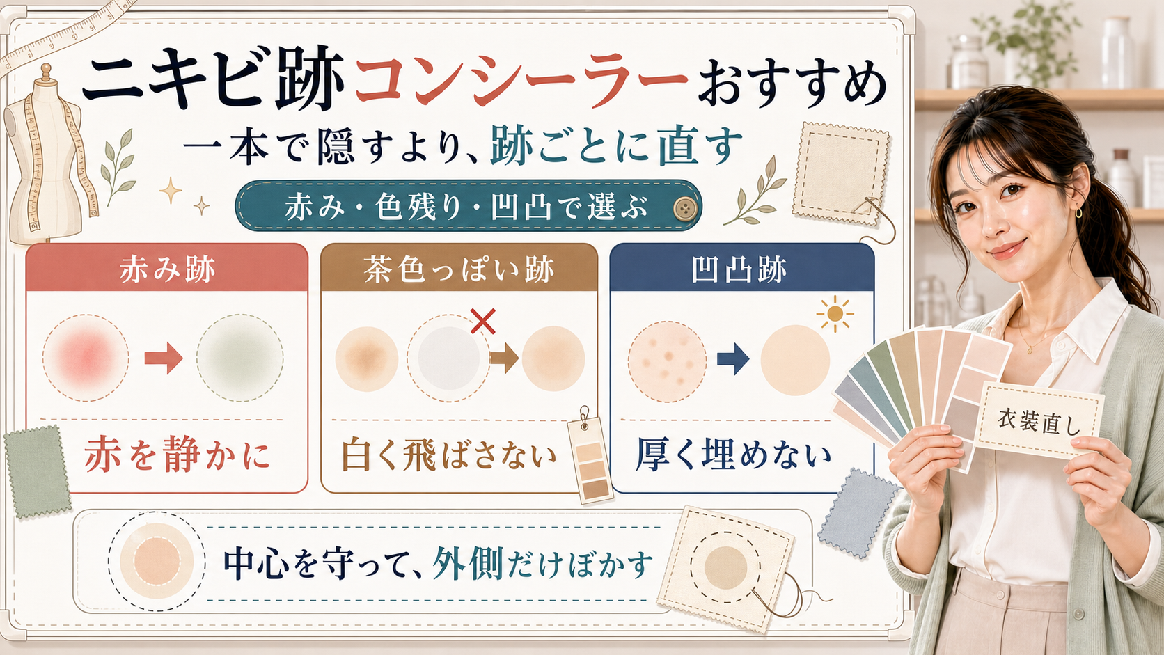 ニキビ跡コンシーラーおすすめは赤み跡茶色っぽい跡凹凸跡で選び中心を守って外側だけぼかす