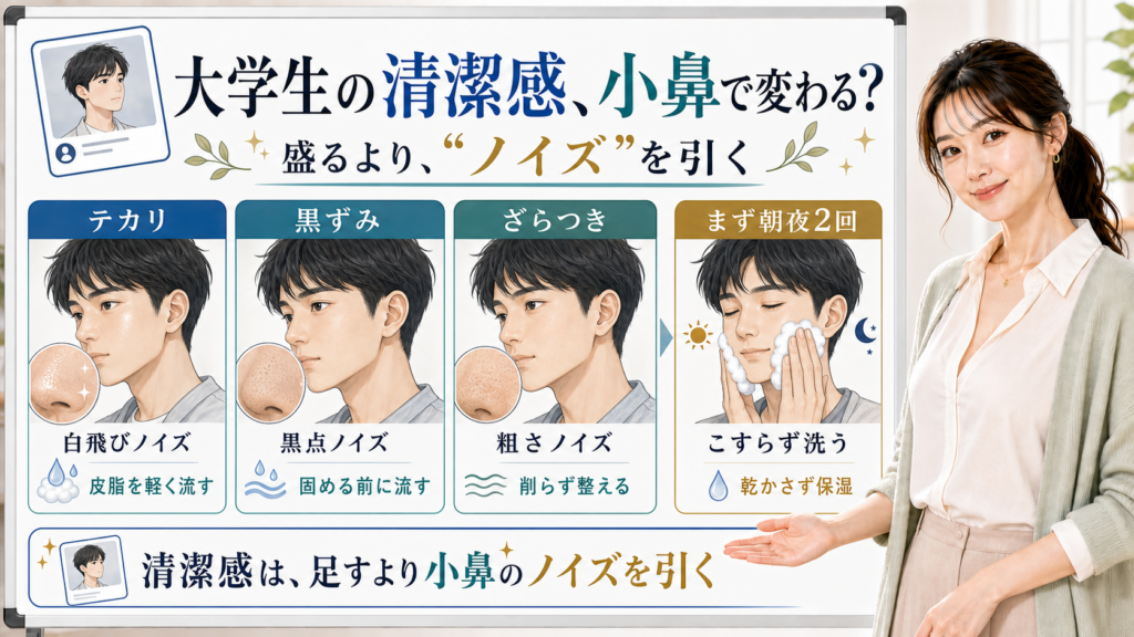 大学生男性の清潔感を小鼻のテカリ・黒ずみ・ざらつきノイズで見直すアイキャッチ