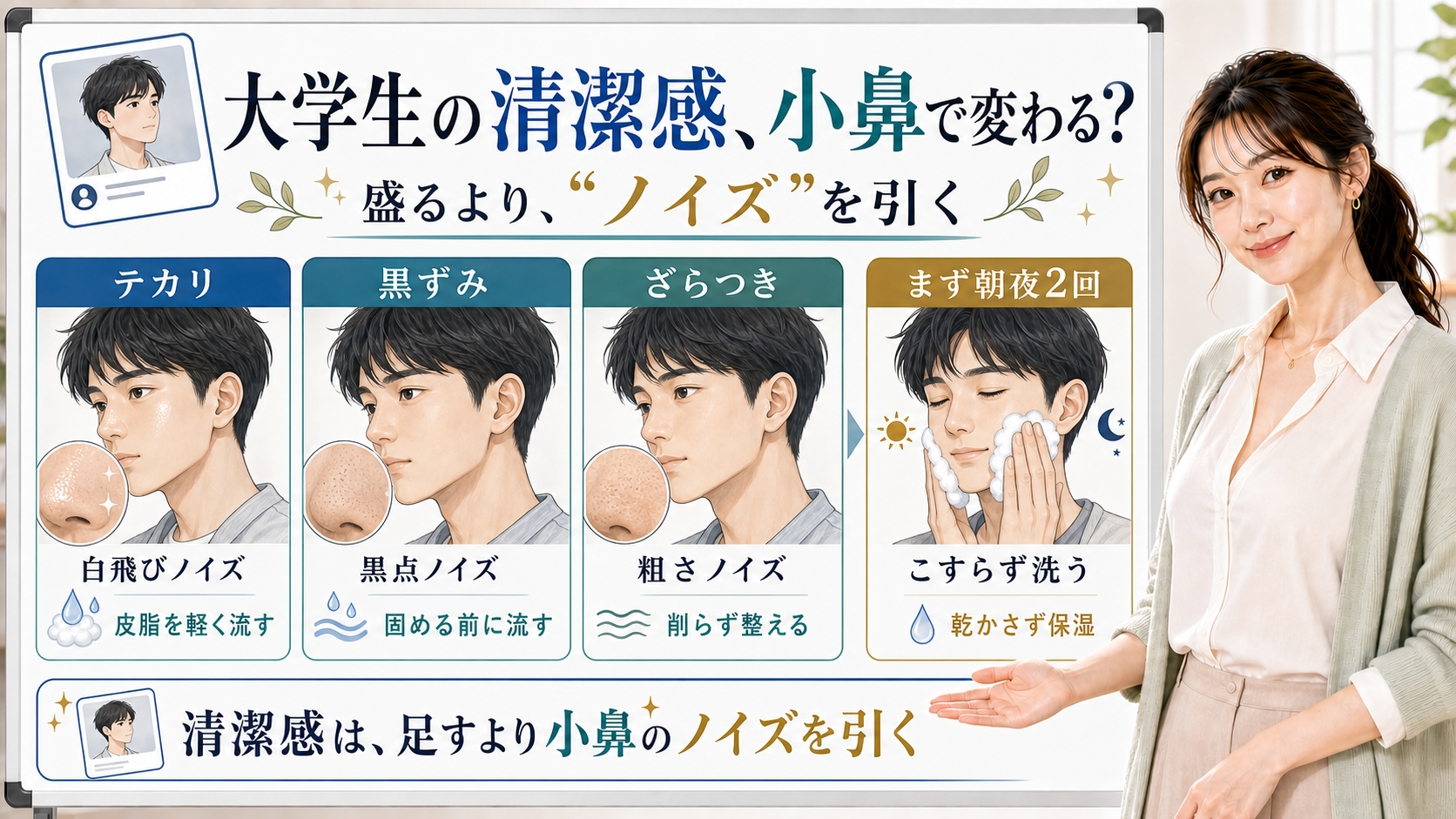 大学生男性の清潔感を小鼻のテカリ・黒ずみ・ざらつきノイズで見直すアイキャッチ