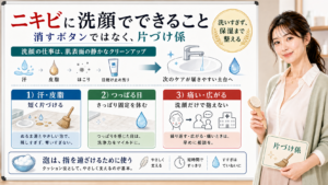 ニキビに洗顔でできることは汗皮脂を短く片づけつっぱる日は休み痛い広がる時は洗顔だけで抱えない