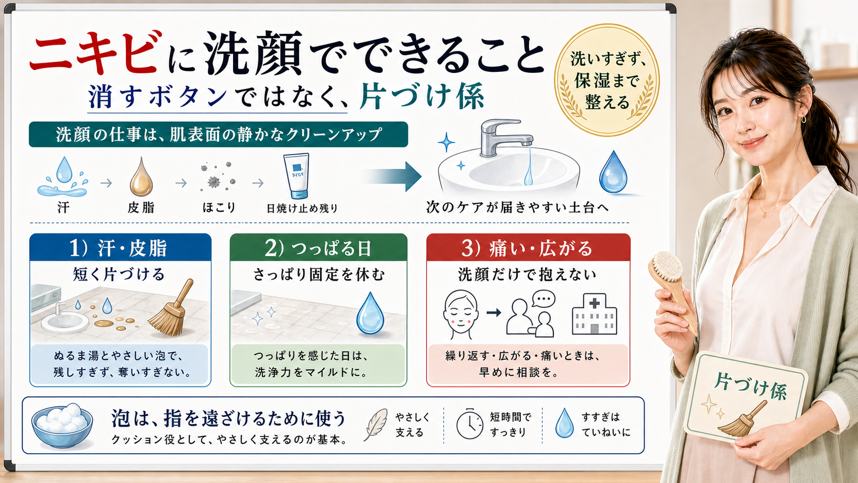ニキビに洗顔でできることは汗皮脂を短く片づけつっぱる日は休み痛い広がる時は洗顔だけで抱えない