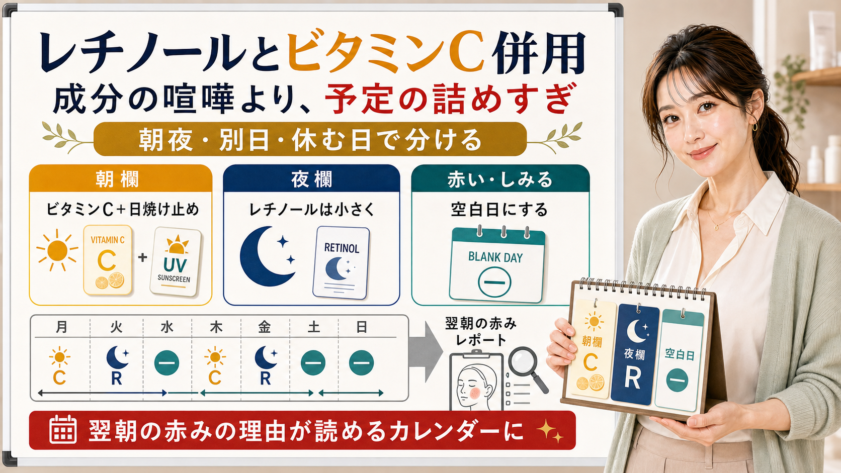 レチノールとビタミンC併用は朝欄夜欄空白日で分け翌朝の赤みの理由が読めるカレンダーにする