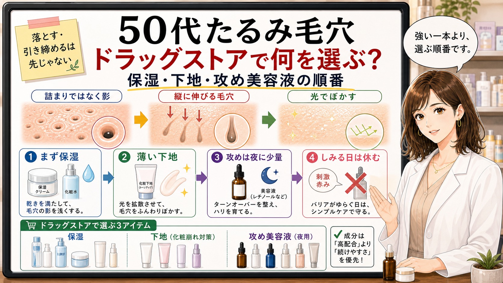 50代のたるみ毛穴でドラッグストアで何を選ぶかを、保湿・下地・攻め美容液の順番として女性解説者と大判ボードで示したアイキャッチ