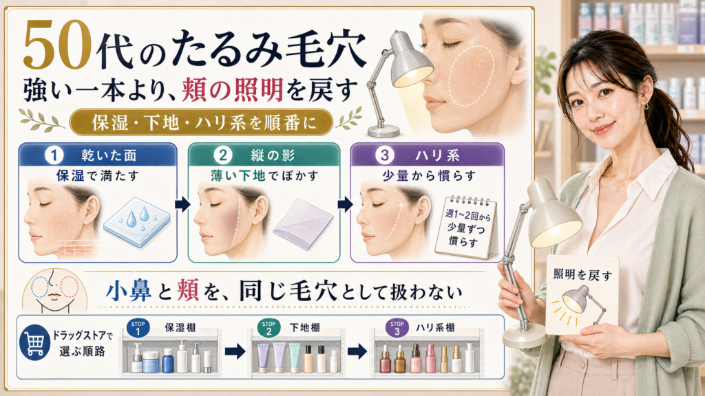 50代のたるみ毛穴はドラッグストアで保湿下地ハリ系を順番に選び小鼻と頬を同じ毛穴として扱わない