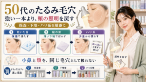 50代のたるみ毛穴はドラッグストアで保湿下地ハリ系を順番に選び小鼻と頬を同じ毛穴として扱わない