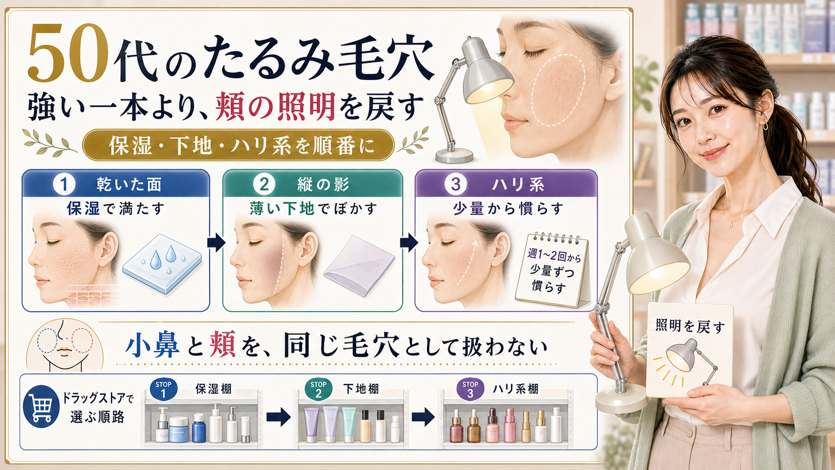 50代のたるみ毛穴はドラッグストアで保湿下地ハリ系を順番に選び小鼻と頬を同じ毛穴として扱わない