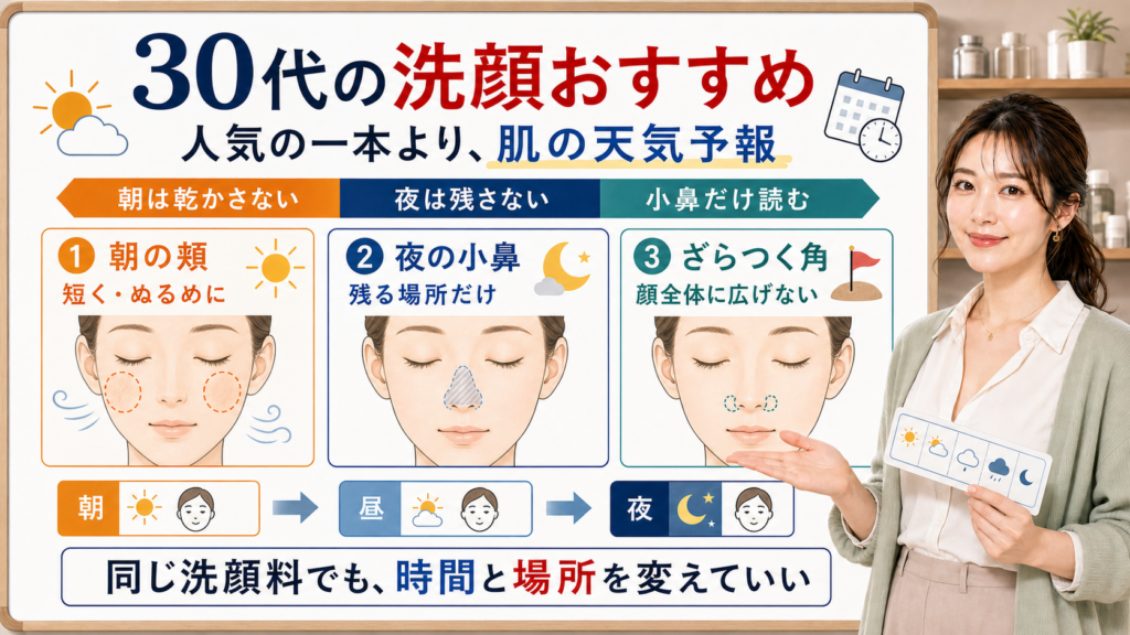 30代の洗顔おすすめは朝の頬夜の小鼻ざらつく角を分けて同じ洗顔料でも時間と場所を変えて選ぶ