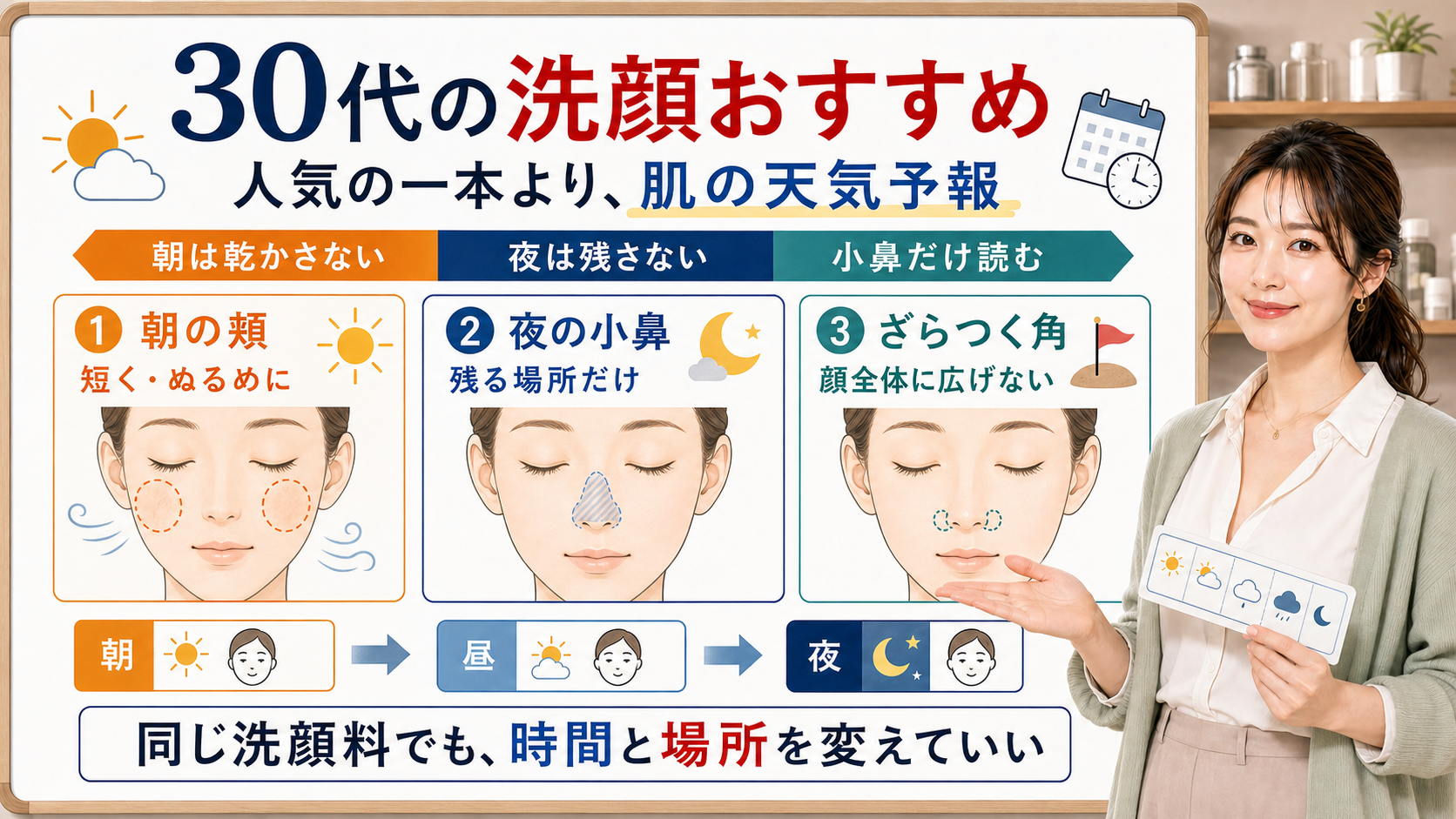 30代の洗顔おすすめは朝の頬夜の小鼻ざらつく角を分けて同じ洗顔料でも時間と場所を変えて選ぶ