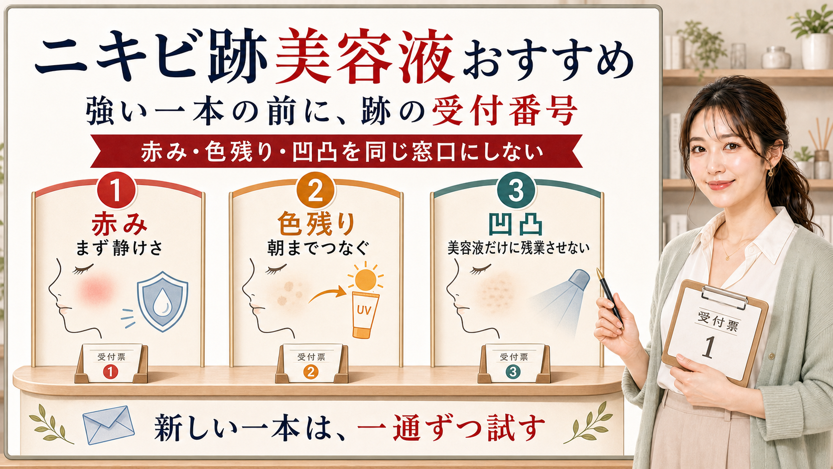 ニキビ跡美容液おすすめは赤み色残り凹凸を同じ窓口にせず新しい一本を一通ずつ試す
