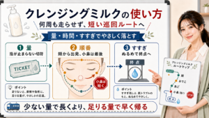 クレンジングミルクの使い方は量を切符にして頬から出発し小鼻は最後に短くぬるめですすぐ