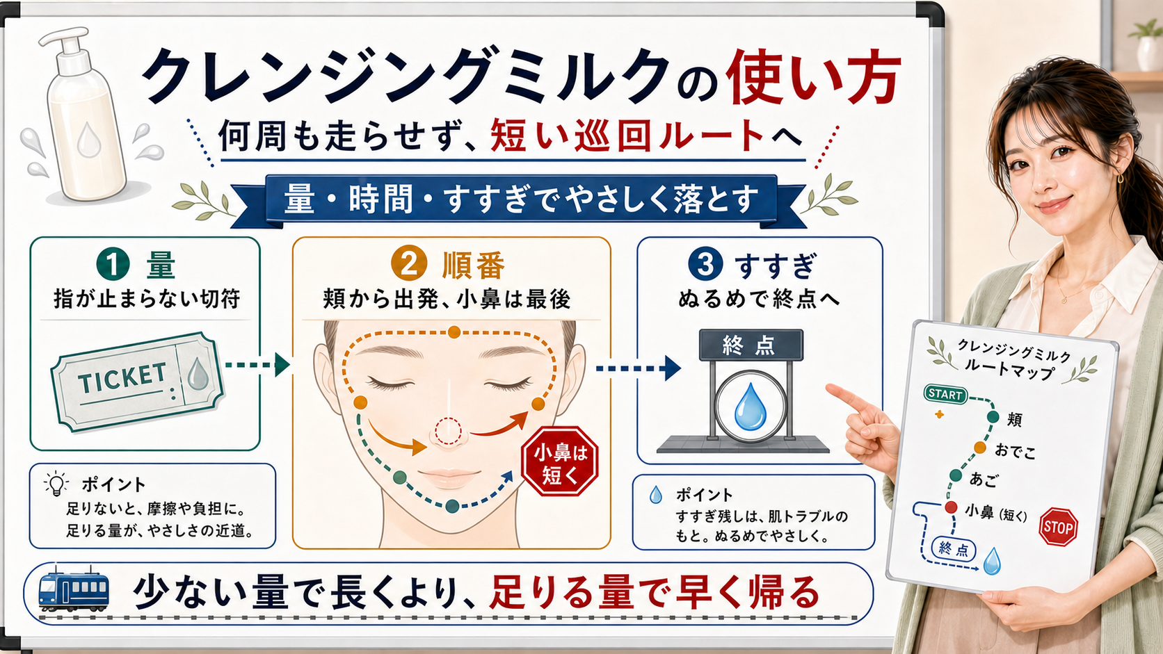 クレンジングミルクの使い方は量を切符にして頬から出発し小鼻は最後に短くぬるめですすぐ