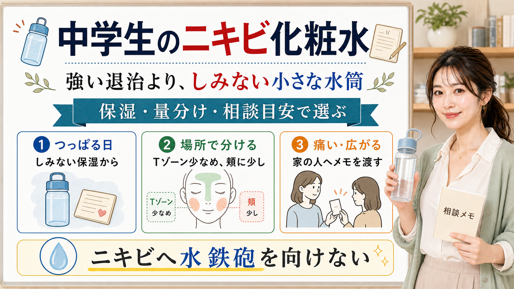 中学生のニキビ化粧水は強い退治よりしみない保湿から始め場所で量を分け痛い時は家の人へ相談する