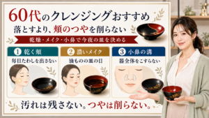 60代のクレンジングおすすめは汚れを残さず頬のつやを削らず乾燥メイク小鼻で今夜の皿を決める
